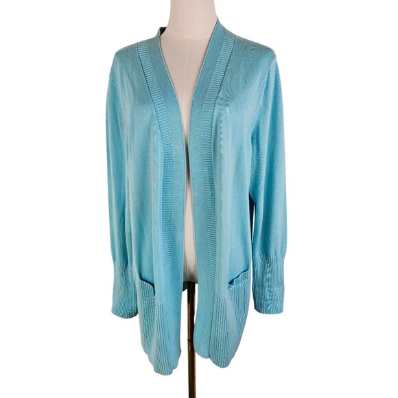 Talbots Light Blue Open Long Cardigan Sweater Size Large 100% Cotton - Picture 1 of 9